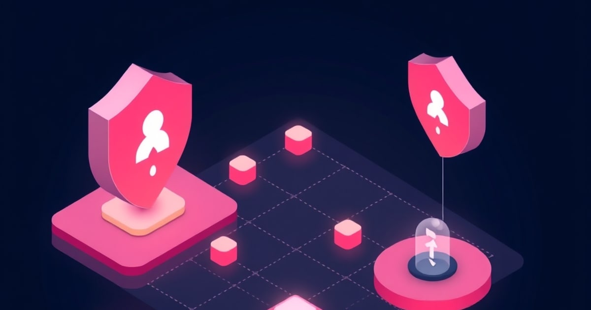 Two glowing pink shields with user icons stand on isometric platforms above a dark grid of small pink nodes, evoking rival homelab identity providers