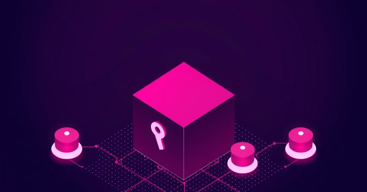 Flat isometric illustration of a magenta cube carved with a keyhole, standing on a dotted grid linked to four glowing pink cylinder nodes.