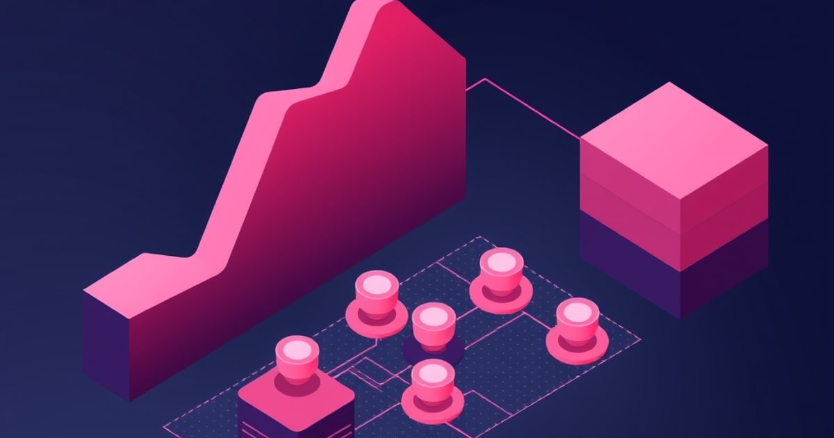 Flat isometric illustration of a pink stepped area chart beside a layered pink and purple cube, above seven glowing pink knob nodes on a wire grid.