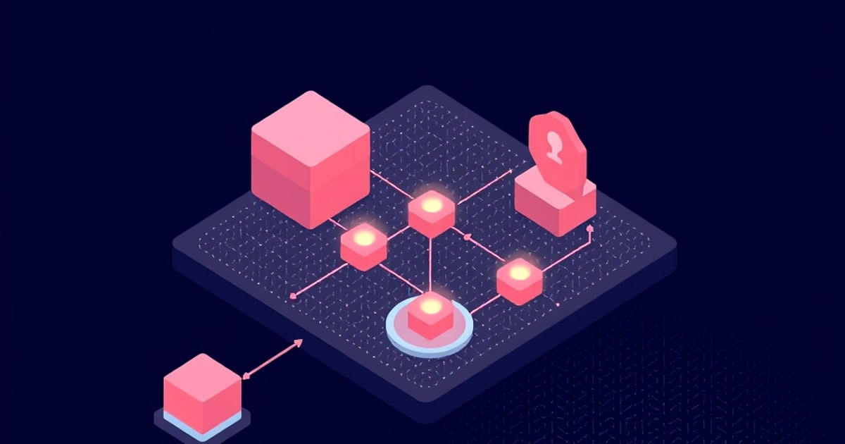 Isometric board of glowing linked cubes with a user badge on a pedestal and an outside block joining by arrow, mapping realms, clients and tokens