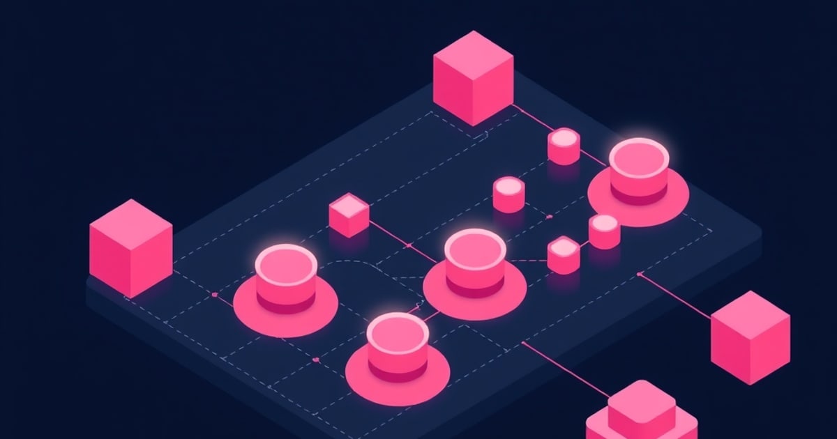 Isometric dark navy platform with glowing pink database cylinders and cubes linked by dashed lines, suggesting server resources for a Keycloak deployment