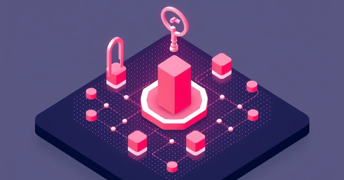 Flat isometric illustration of a pink pillar on a glowing octagon pad with a padlock and a floating key, cubes and cylinders linked on a purple slab.