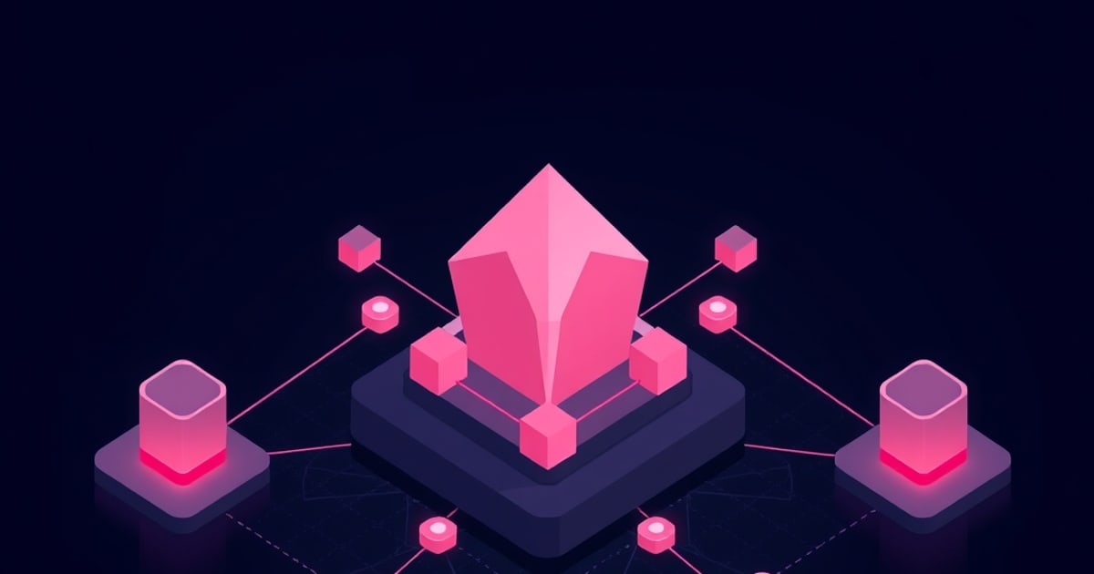 Isometric pink crystal on a dark platform ringed by small cubes, linked by glowing lines to nodes and side pedestals, evoking a Keycloak realm and its contents